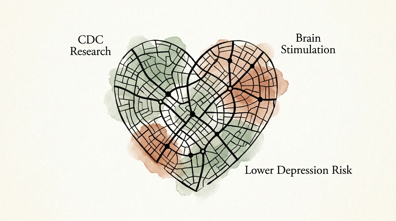 A watercolor and ink drawing of a heart made of connecting lines, labeled with health benefits like brain stimulation.