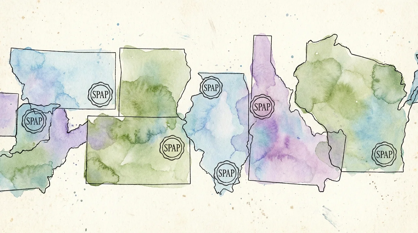 A watercolor and ink illustration of a map with 'SPAP' seals over different states, representing local assistance programs.