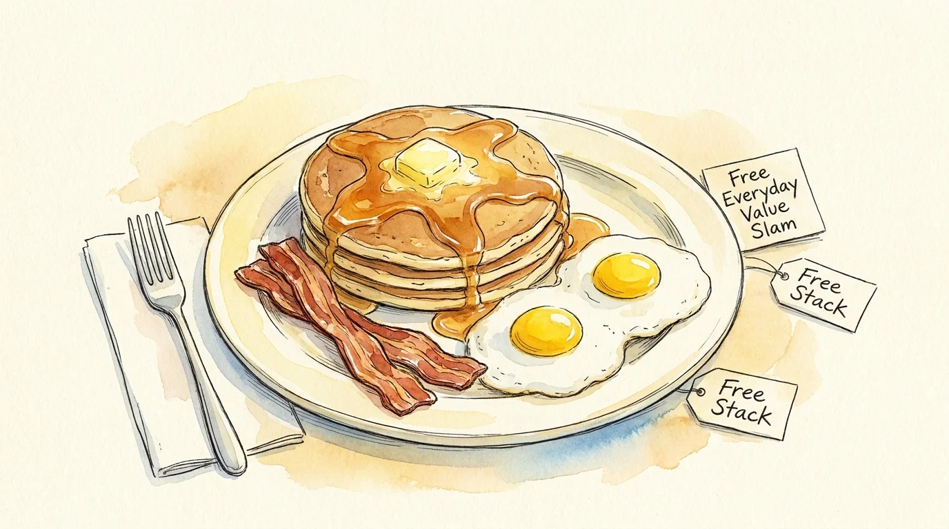 A watercolor and ink illustration of a pancake and egg breakfast with labels for free birthday rewards.