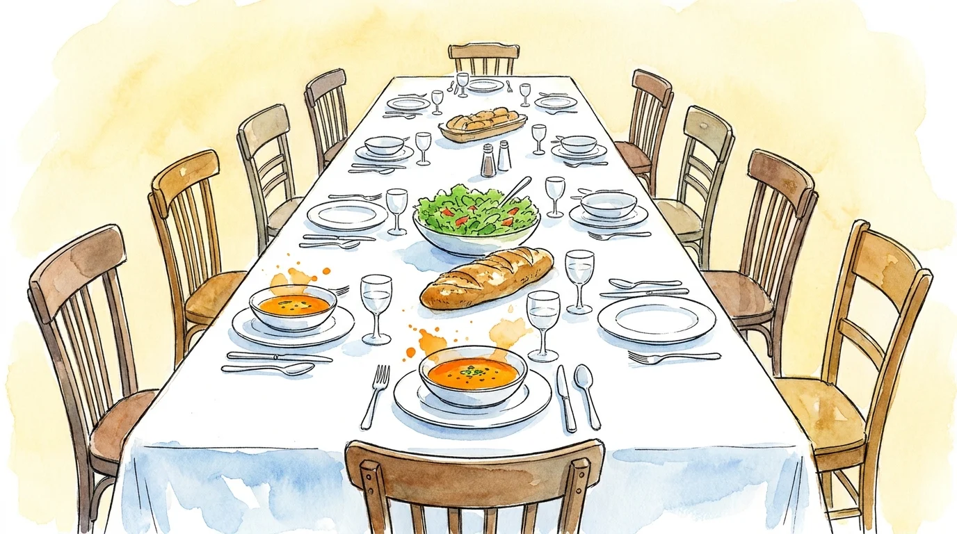 A watercolor drawing of a long, welcoming dinner table set for a community meal.