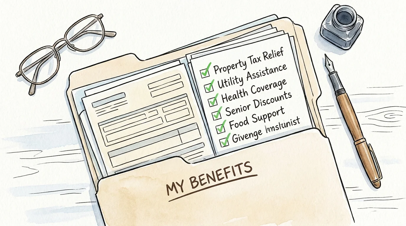 A watercolor illustration of a benefits checklist with several items checked off in an organized folder.
