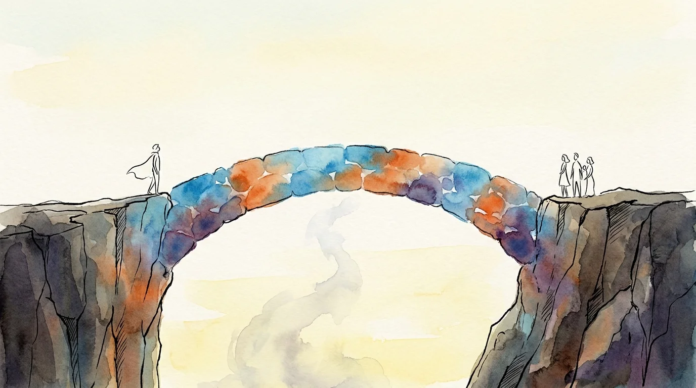 A watercolor illustration of a bridge crossing a gap, symbolizing the journey to overcoming social anxiety.