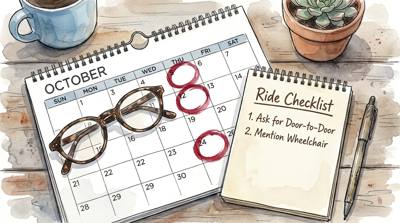 A watercolor illustration of a calendar and a checklist with tips for scheduling senior transportation services.