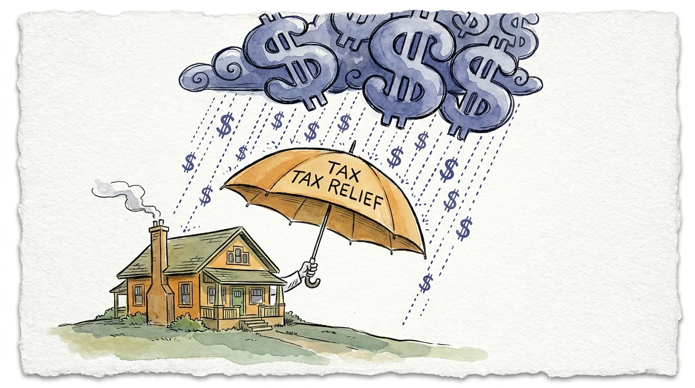 A watercolor illustration of a house being protected from a rain of dollar signs by a large tax relief umbrella.