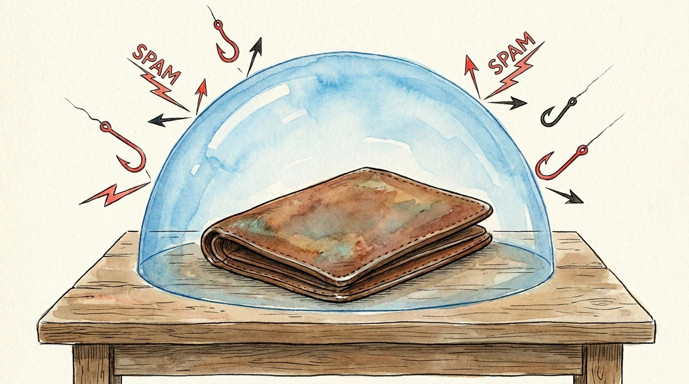 A watercolor illustration of a protective shield over a wallet, deflecting fishing hooks and lightning bolts.