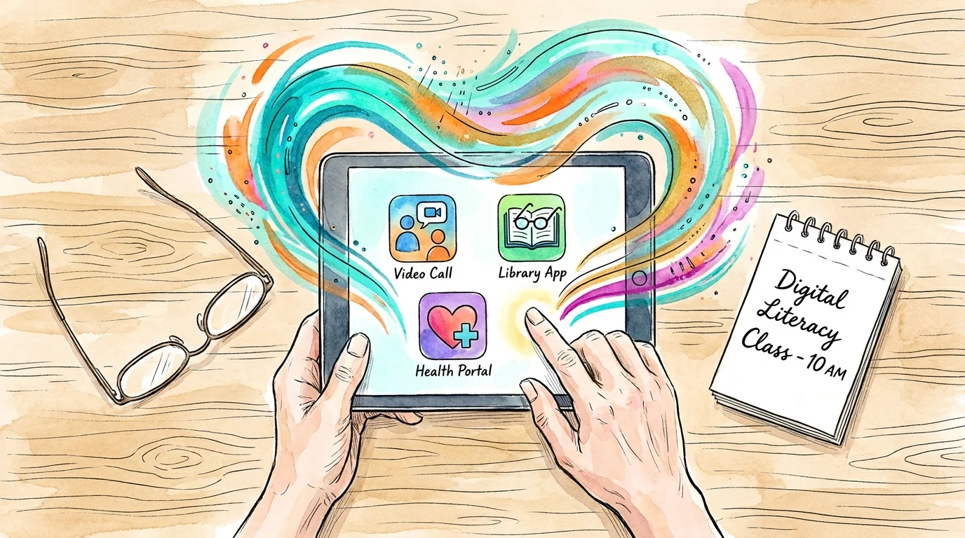 A watercolor illustration of a senior using a tablet, with artistic swirls representing digital connection.