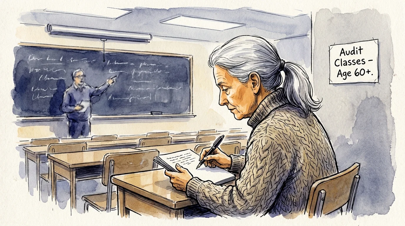 A watercolor illustration of a senior woman taking notes in a college classroom, representing lifelong learning opportunities.