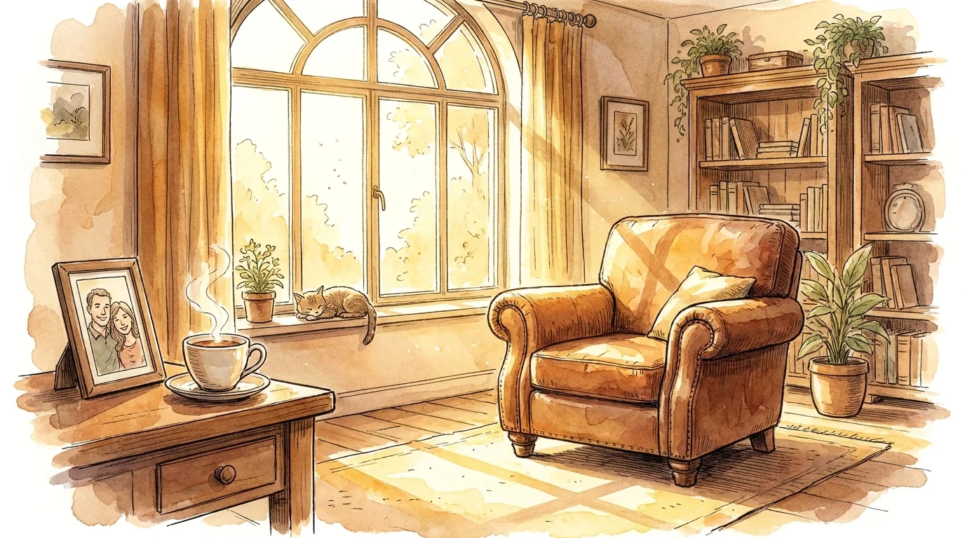 A watercolor illustration of a sunlit armchair and a framed photo, symbolizing the tax protections for surviving spouses.