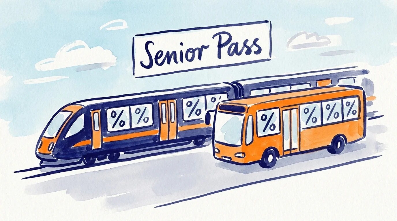 A watercolor illustration of a train and bus with percentage signs for windows, representing senior travel discounts.