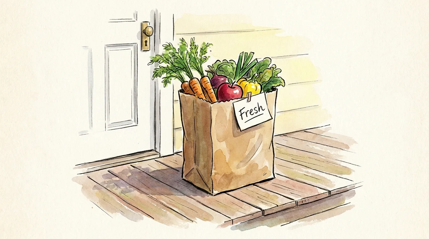 A watercolor painting of a grocery bag filled with fresh vegetables sitting on a porch.