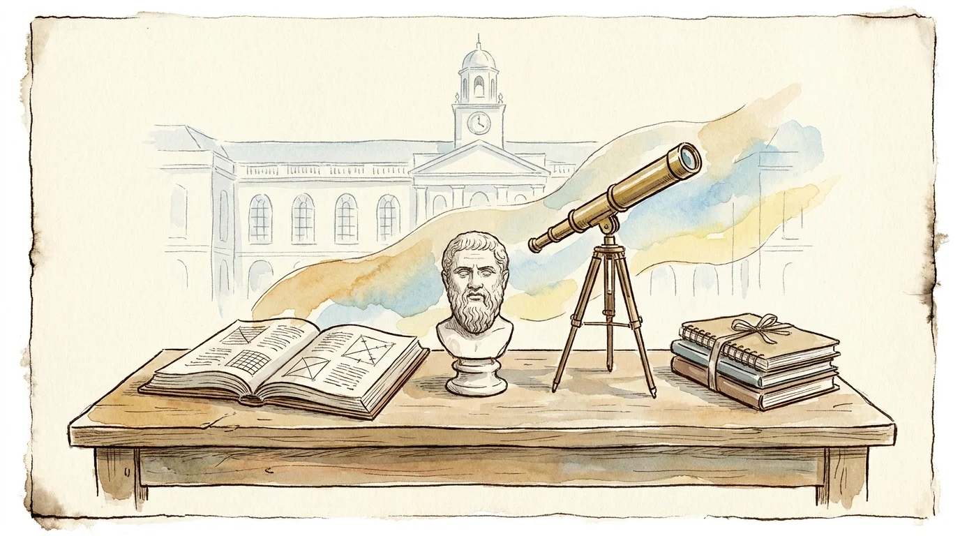 A watercolor sketch of books, a telescope, and a bust, symbolizing lifelong learning opportunities.