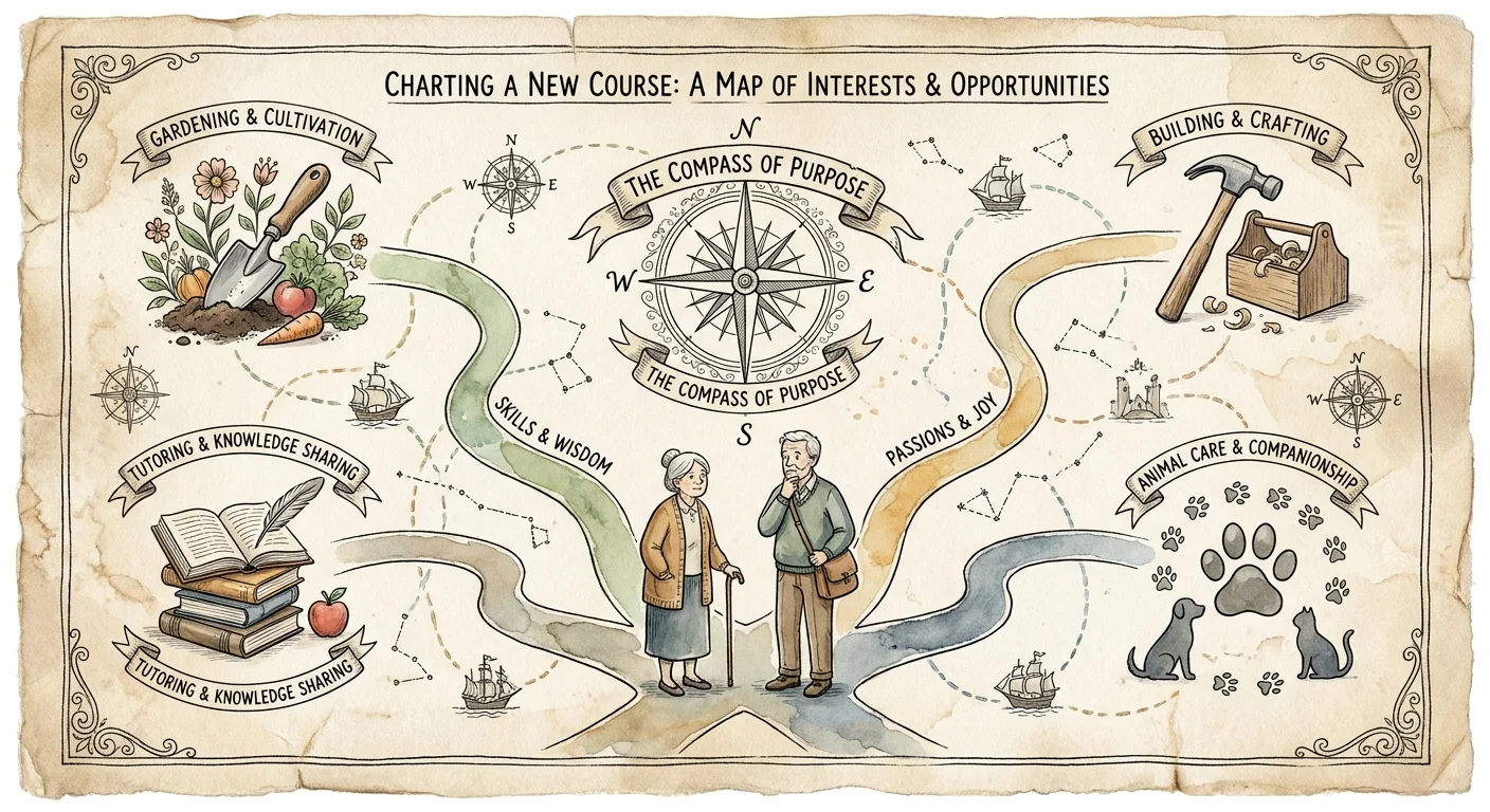A whimsical watercolor map showing different icons for various volunteer paths, helping seniors navigate their choices.