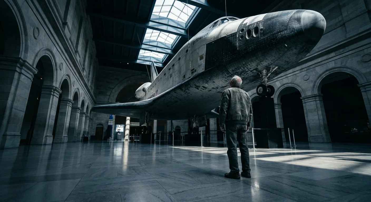 A wide-angle photo of a senior man looking up at a massive aircraft in a Smithsonian museum hall.