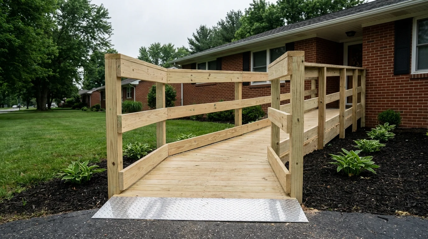 A wide view of a sturdy, newly built wooden wheelchair ramp leading to the front door of a brick home.
