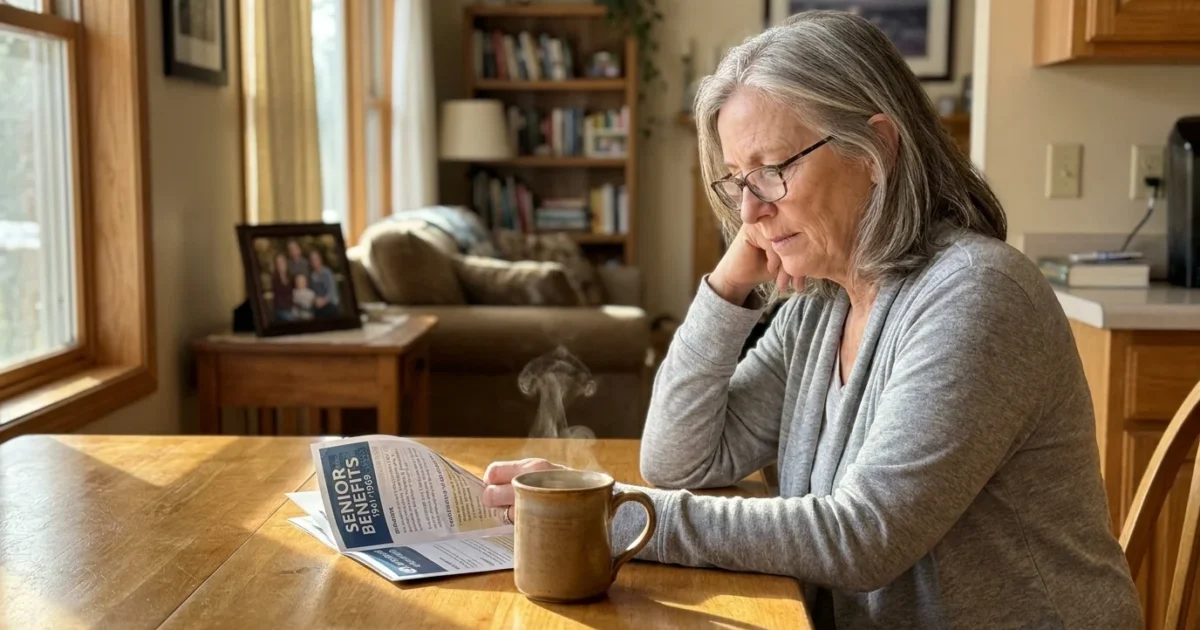 A woman in her early 60s reviews a benefits brochure in her sunlit kitchen, conveying a sense of financial empowerment.