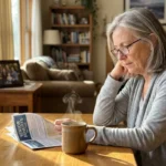 A woman in her early 60s reviews a benefits brochure in her sunlit kitchen, conveying a sense of financial empowerment.