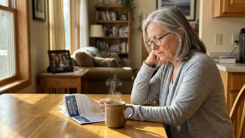 A woman in her early 60s reviews a benefits brochure in her sunlit kitchen, conveying a sense of financial empowerment.