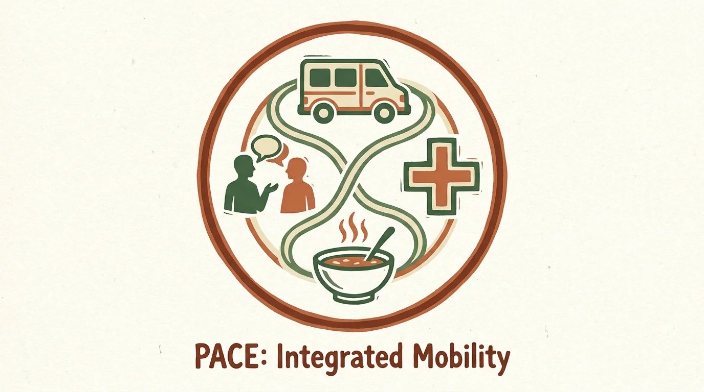 A woodcut-style illustration showing a circle of care icons including transportation, medical, and social support for the PACE program.