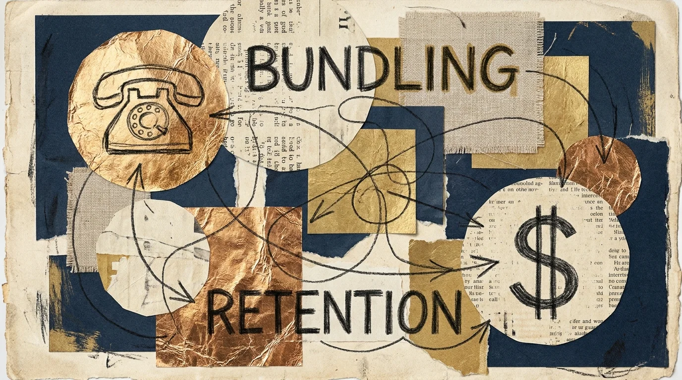 An abstract collage with the words Bundling and Retention connected by lines and symbols.
