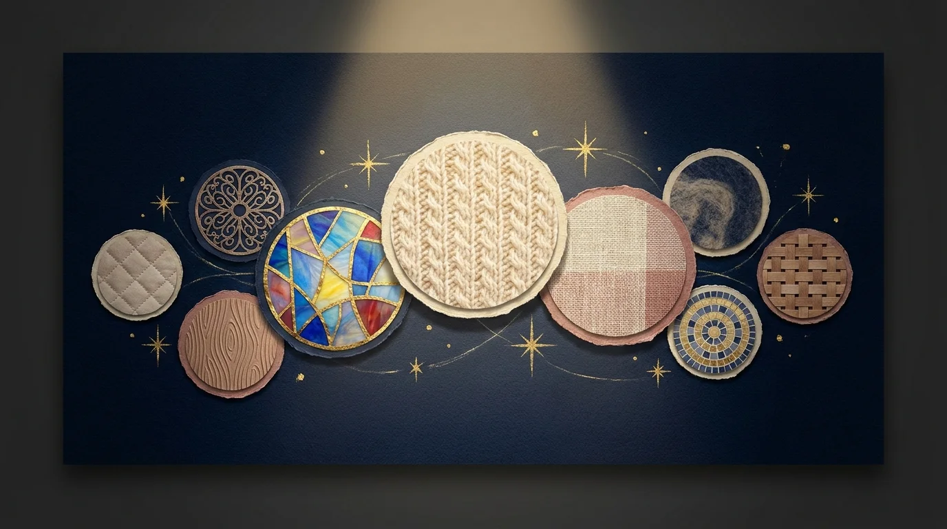 An abstract mixed-media piece showing nine textured circles connected by golden lines against a navy background.