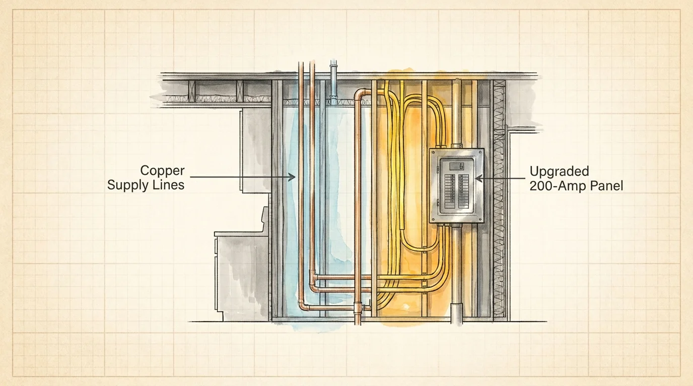 An architectural cross-section illustration showing new copper plumbing and yellow electrical wiring inside a house wall.