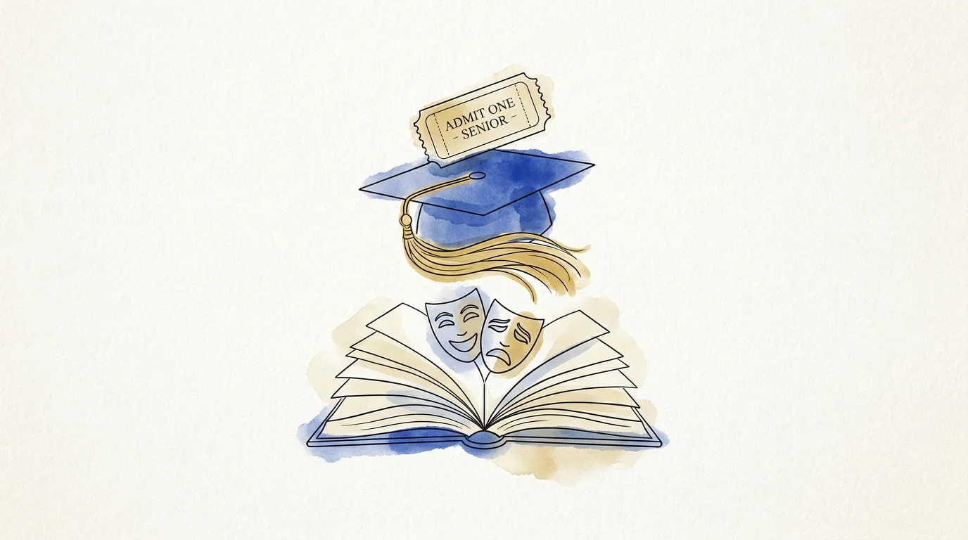 An artistic illustration of theater masks, a book, and a senior admission ticket.