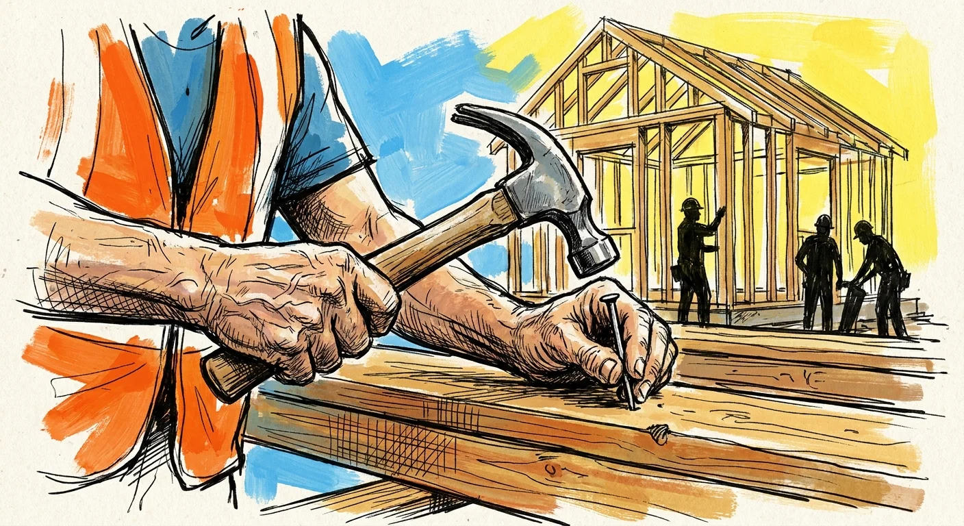 An artistic ink and gouache illustration of hands working with a hammer on the wooden frame of a new house.