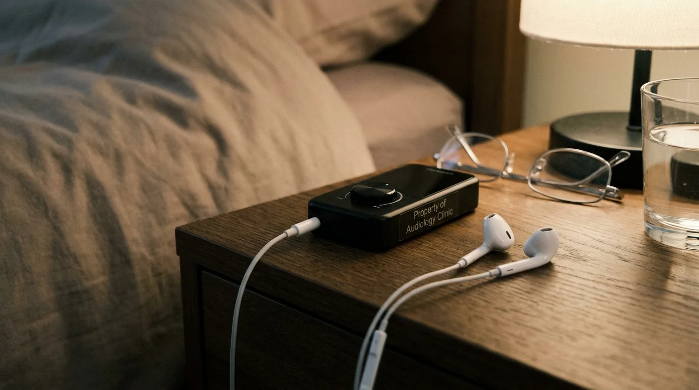 An assistive listening device and headphones on a bedside table next to a pair of glasses.
