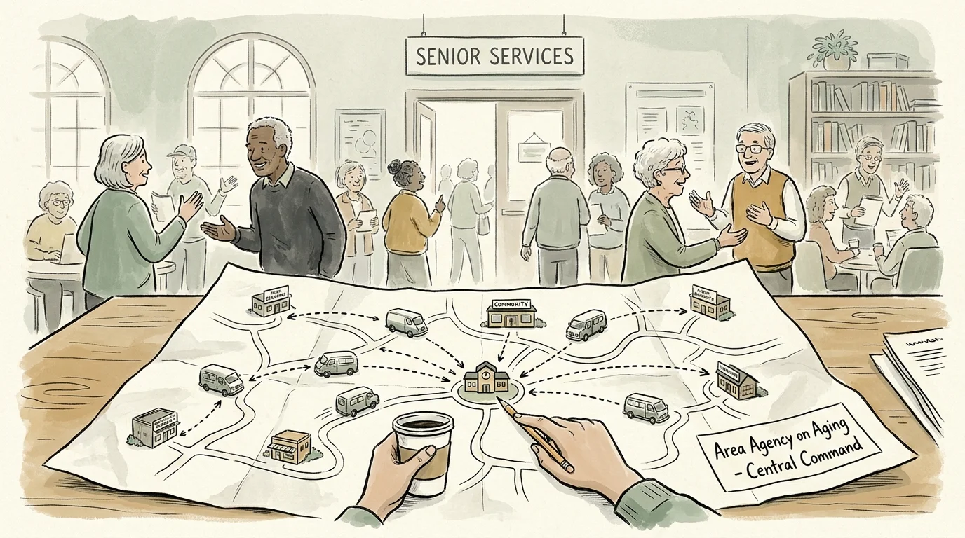 An editorial illustration of a county map with icons representing local Area Agency on Aging transportation routes and van services.