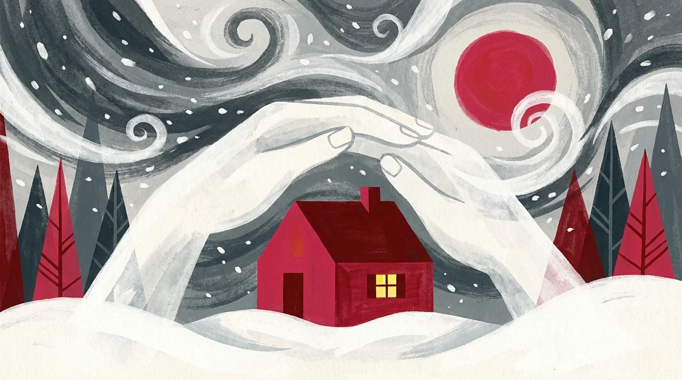 An editorial illustration of a hand shielding a warm house from a snowstorm, representing emergency relief.