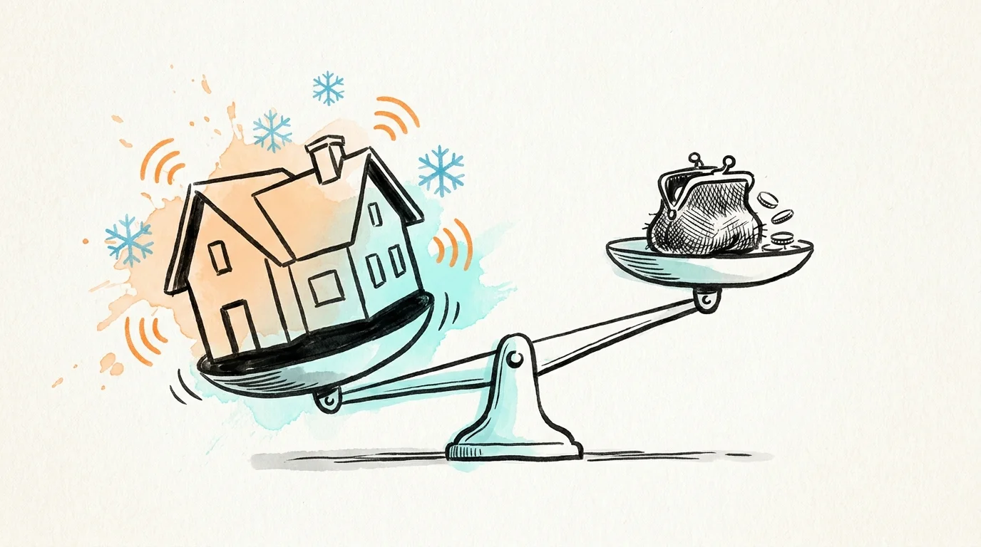 An editorial illustration of a house weighing down a scale against a small coin purse, representing high utility burdens.