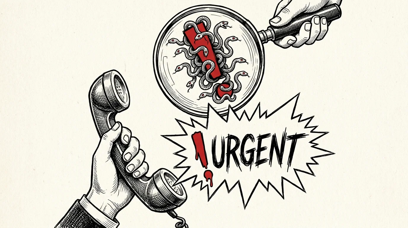 An editorial illustration of a magnifying glass inspecting an 'Urgent' phone call, revealing it as a scam.