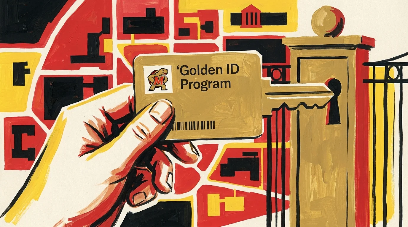 An illustration of a 'Golden ID' card being held up against an abstract university campus background.