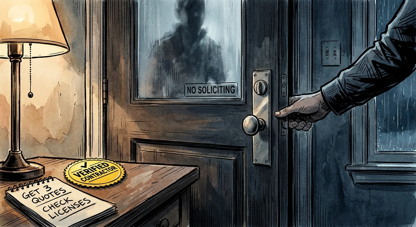 An illustration of a hand securing a door from the inside, with a notepad nearby reminding the viewer to 'Check Licenses'.