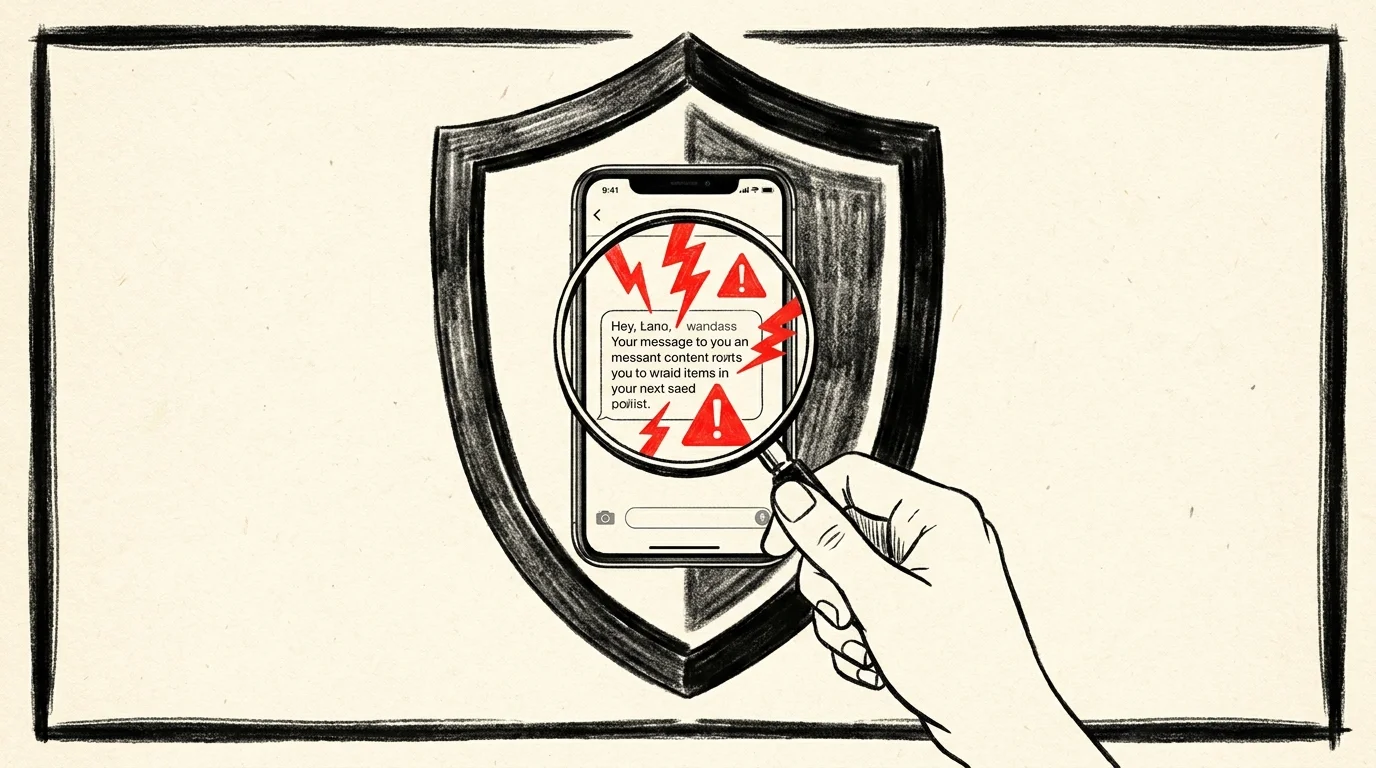 An illustration of a magnifying glass examining a phone message, symbolizing the detection of grocery benefit scams.