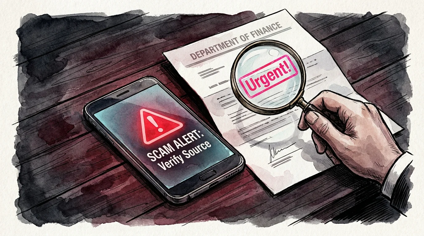 An illustration of a magnifying glass over a suspicious letter next to a phone displaying a scam alert warning.