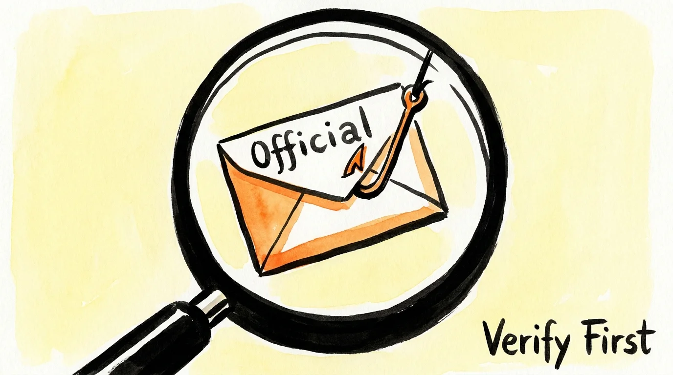 An illustration of a magnifying glass revealing a fishhook inside an envelope, symbolizing the need to scrutinize healthcare scams.