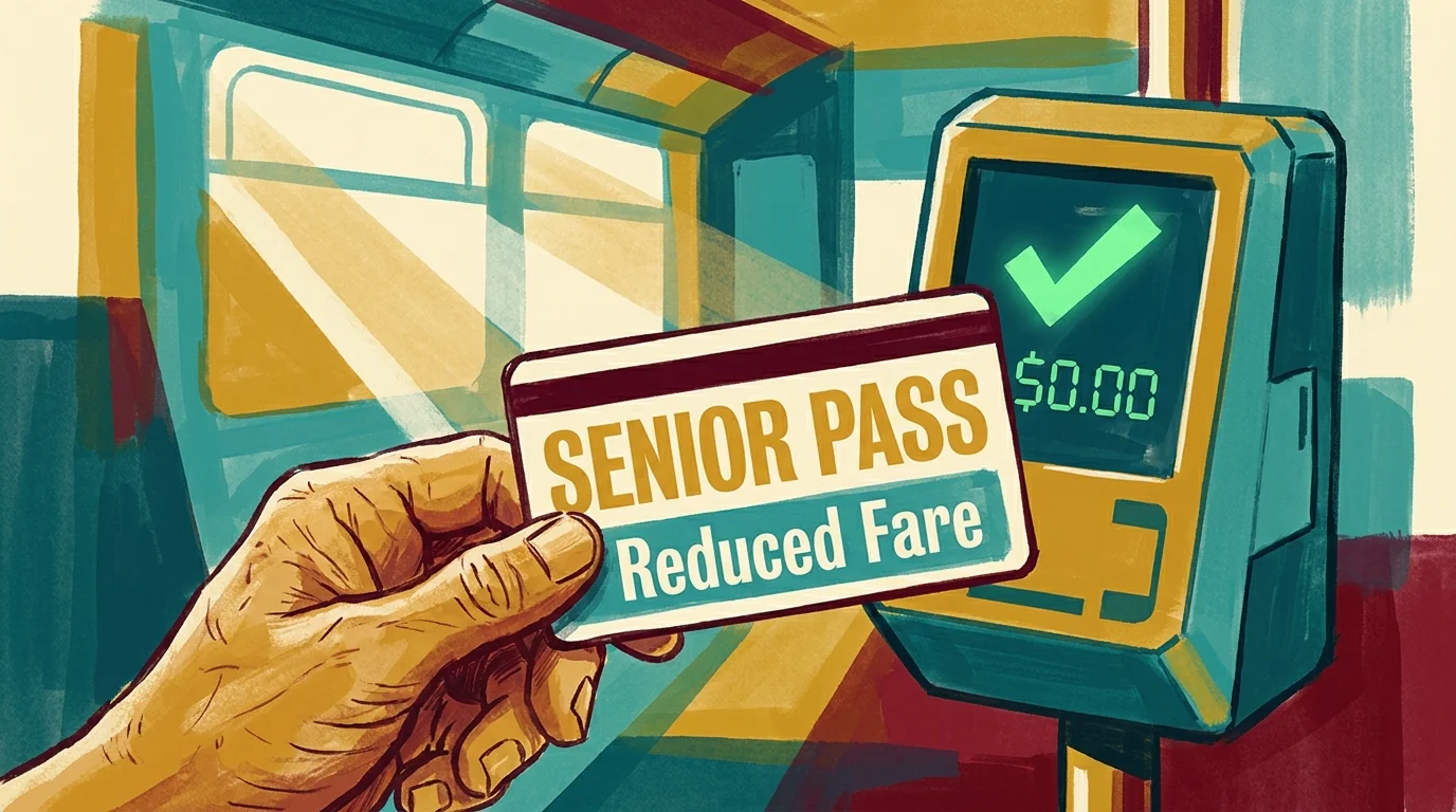 An illustration of a senior transit pass being used on a bus reader, displaying a reduced fare amount.