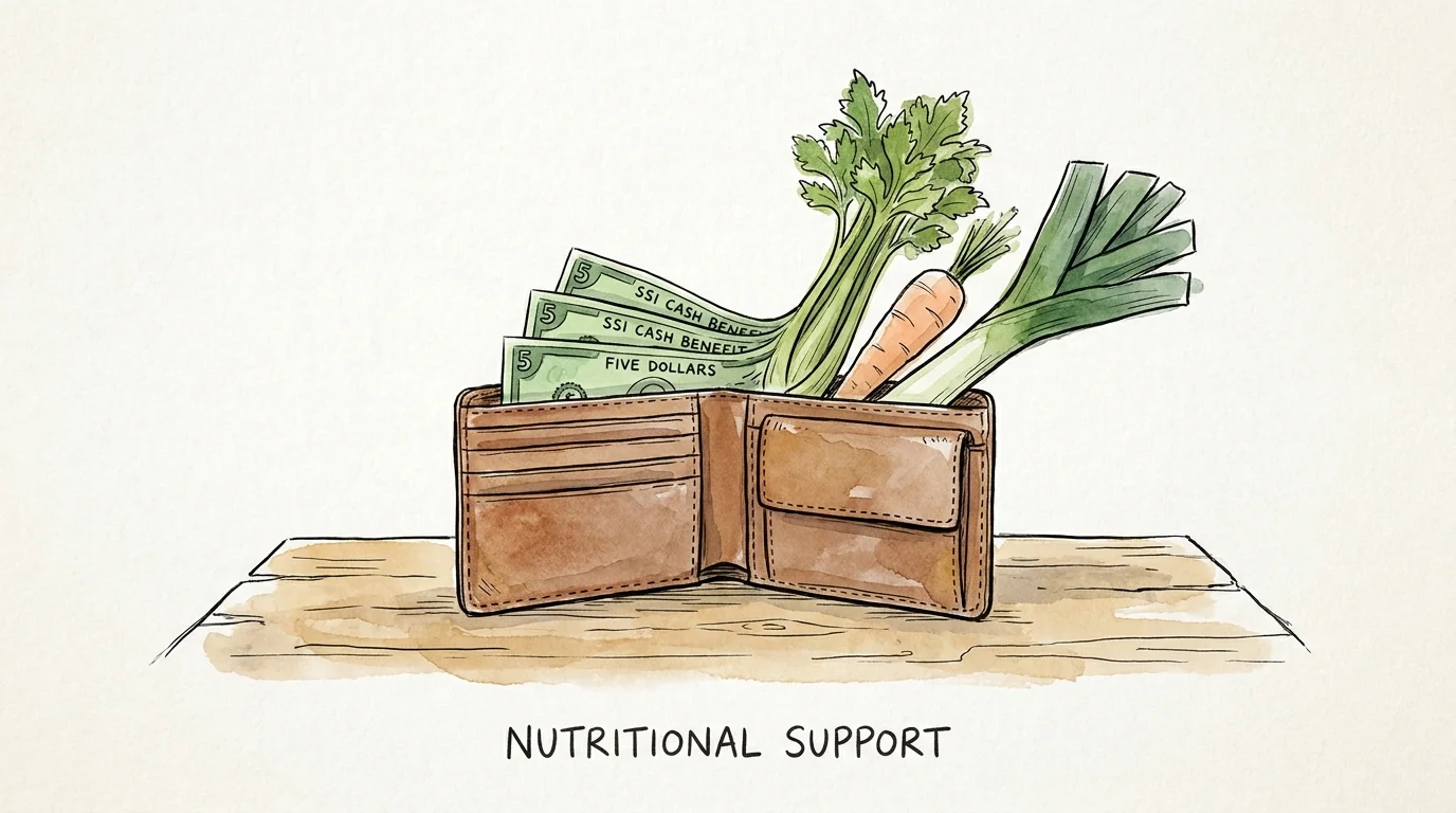 An illustration of a wallet where money is transforming into fresh vegetables, representing food allocations.