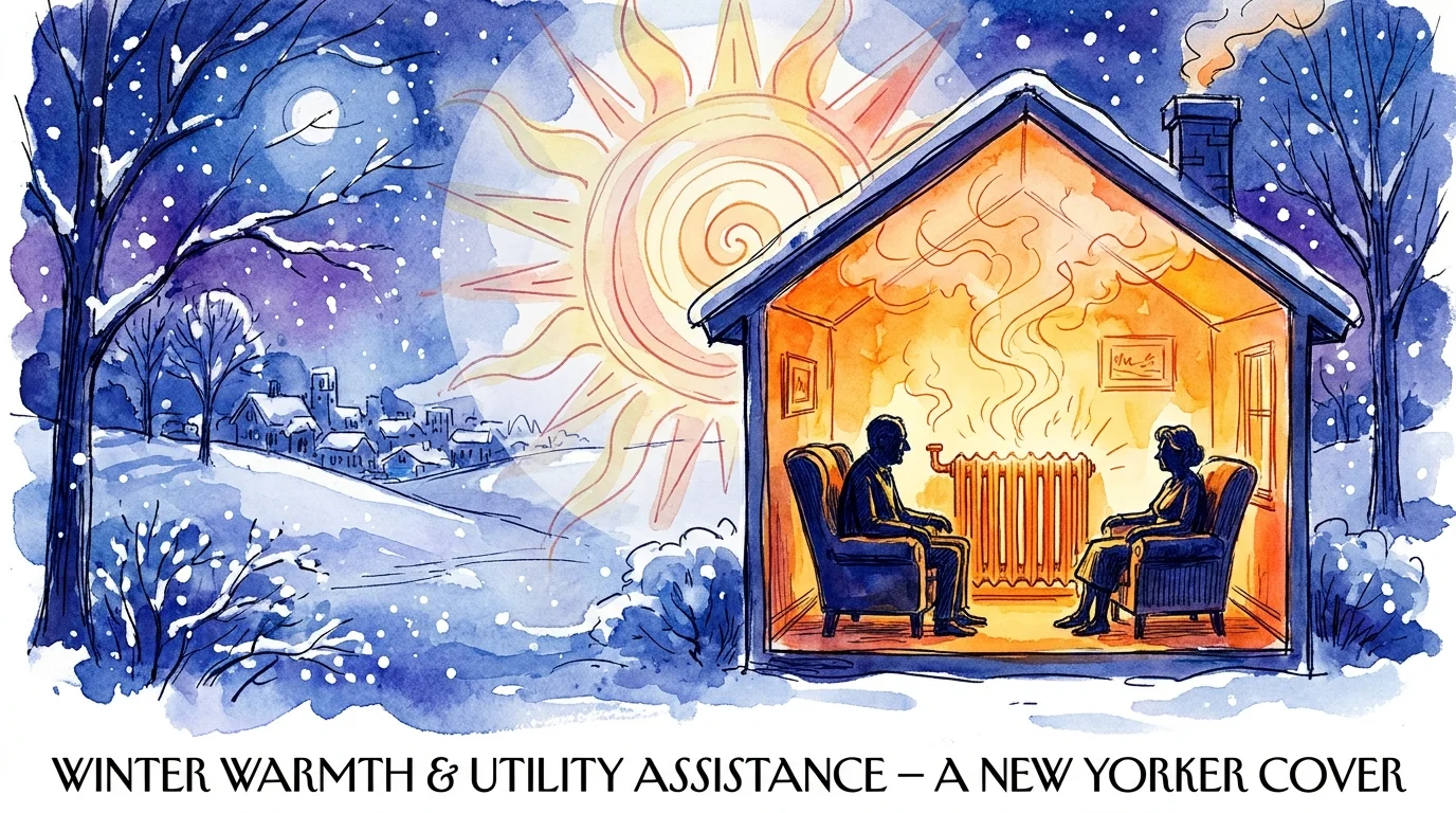 An illustration of a warm, glowing house in a snowy winter landscape, symbolizing energy assistance.