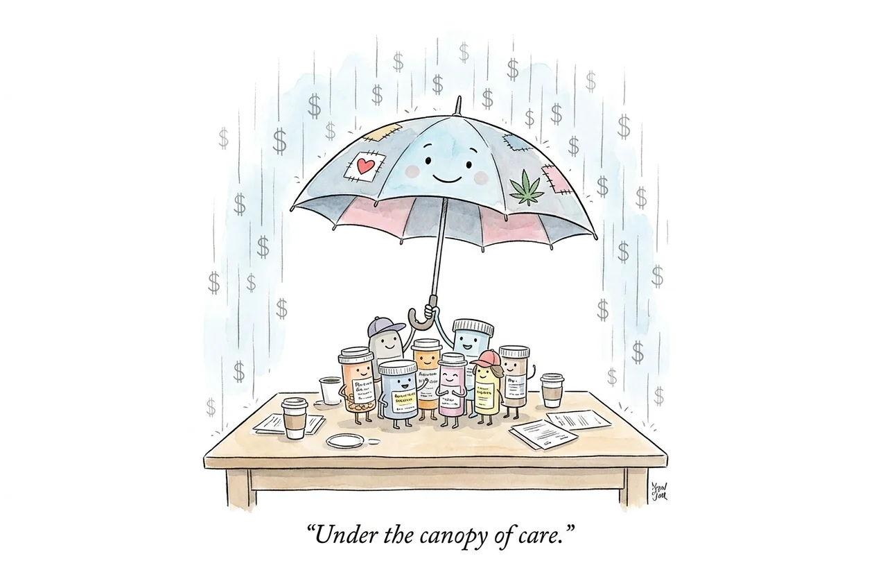 An illustration of an umbrella sheltering medicine bottles from falling dollar signs, symbolizing nonprofit financial protection.