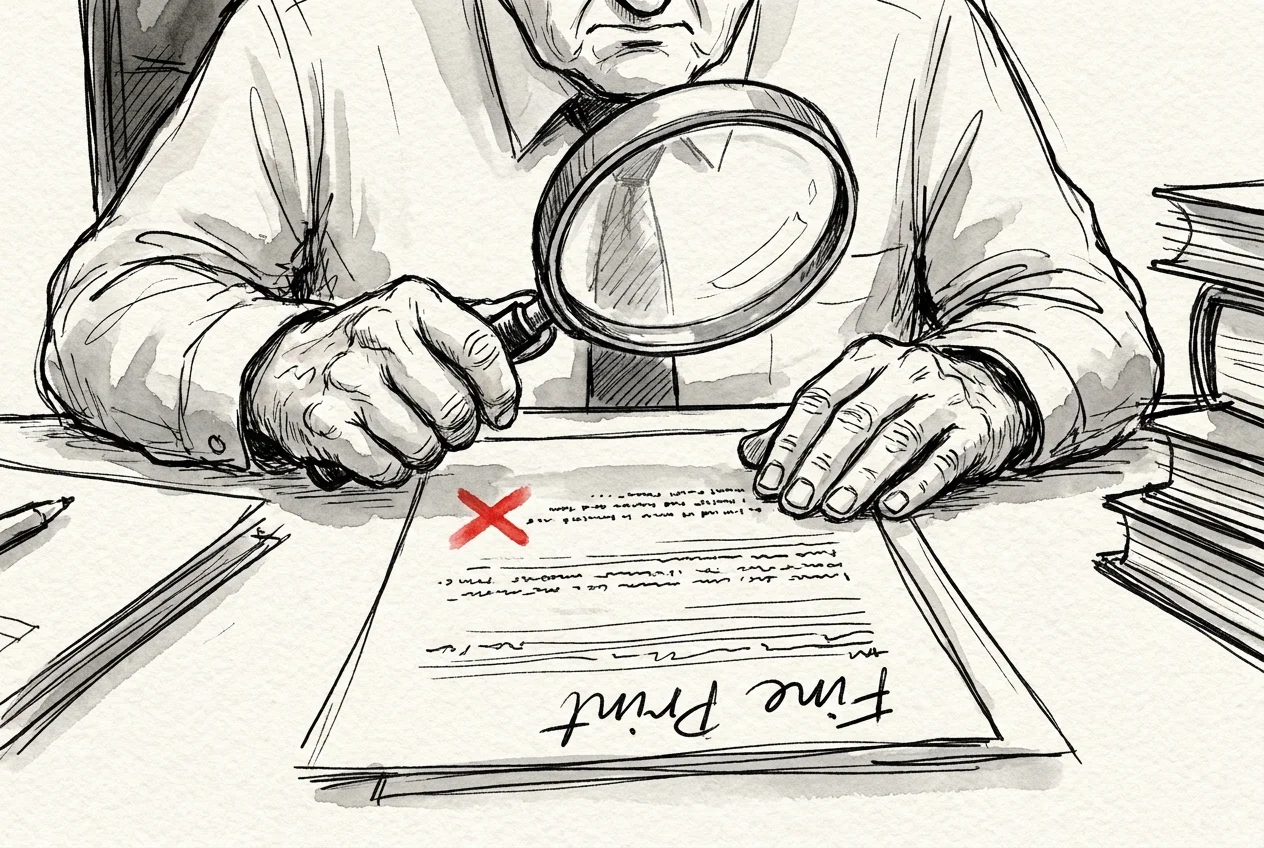 An illustration of someone using a magnifying glass to read the fine print on a document, symbolizing caution.
