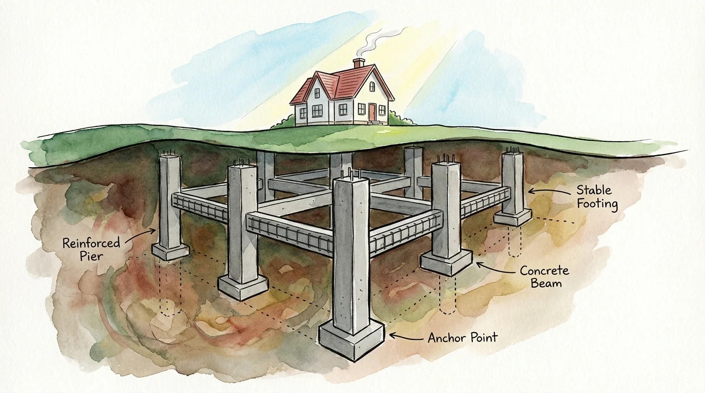 An illustration showing a house with a visible underground foundation of sturdy concrete piers and reinforced beams.