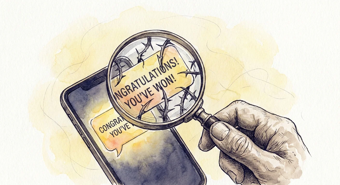 An illustration showing a magnifying glass revealing the 'hooks' inside a scam notification on a phone.