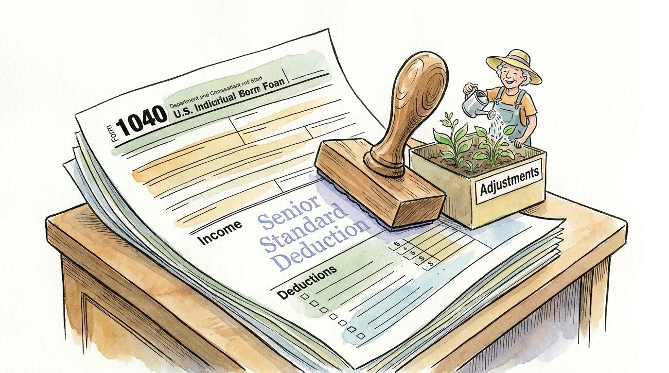 An illustration showing a tax form being stamped with 'Senior Standard Deduction' as a plant grows from it.