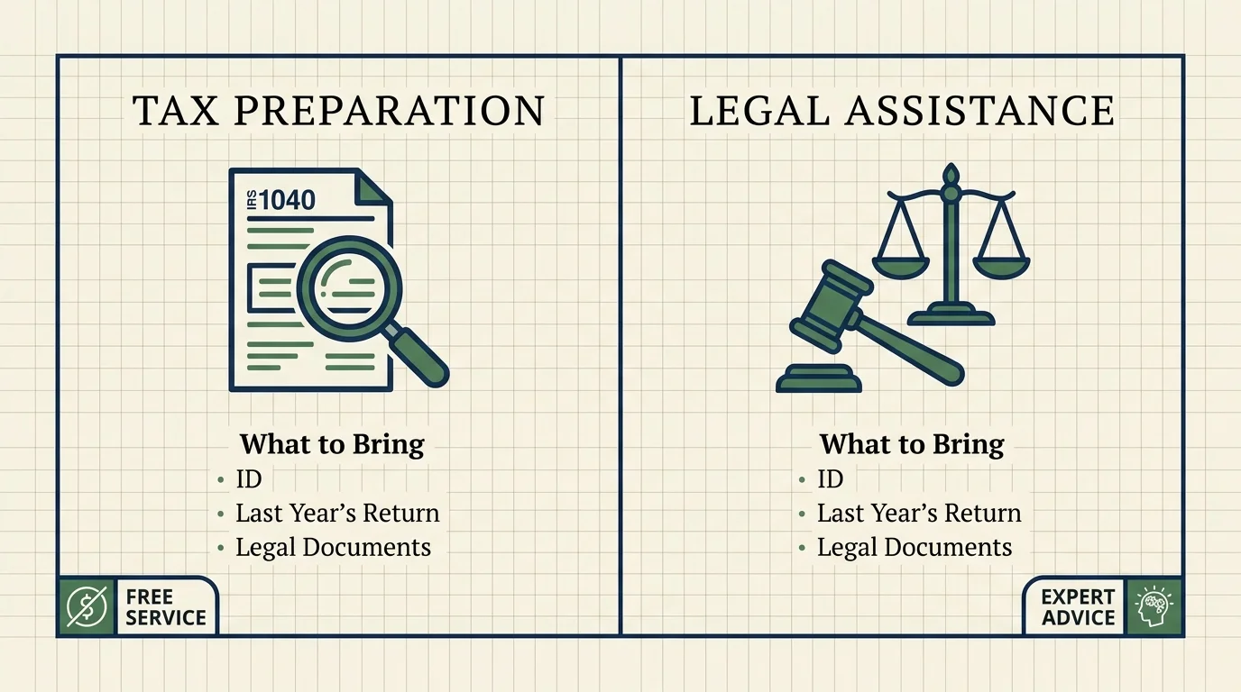An infographic checklist of requirements for free legal and tax preparation services.