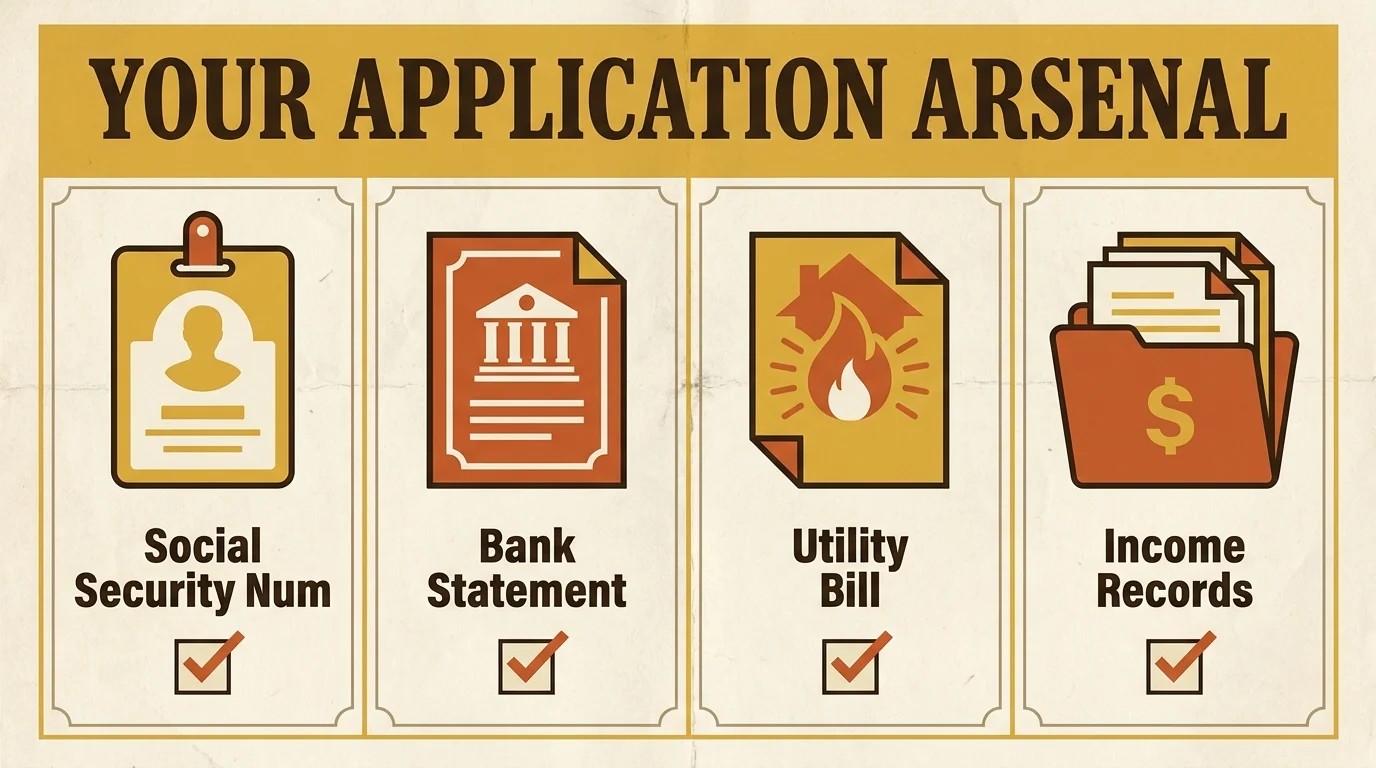 An infographic checklist showing the documents needed for support program applications, including Social Security and bank statements.