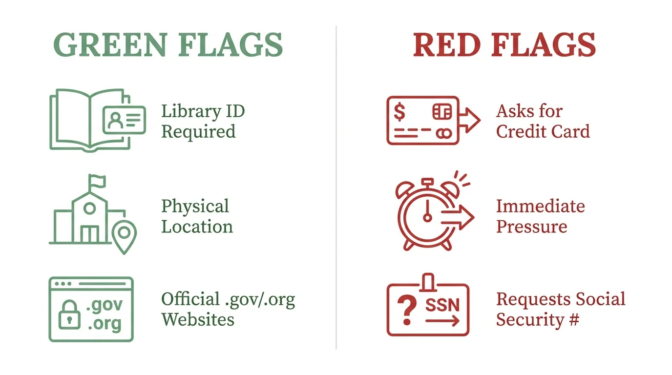 An infographic comparing 'Green Flags' like official websites with 'Red Flags' like asking for a social security number.
