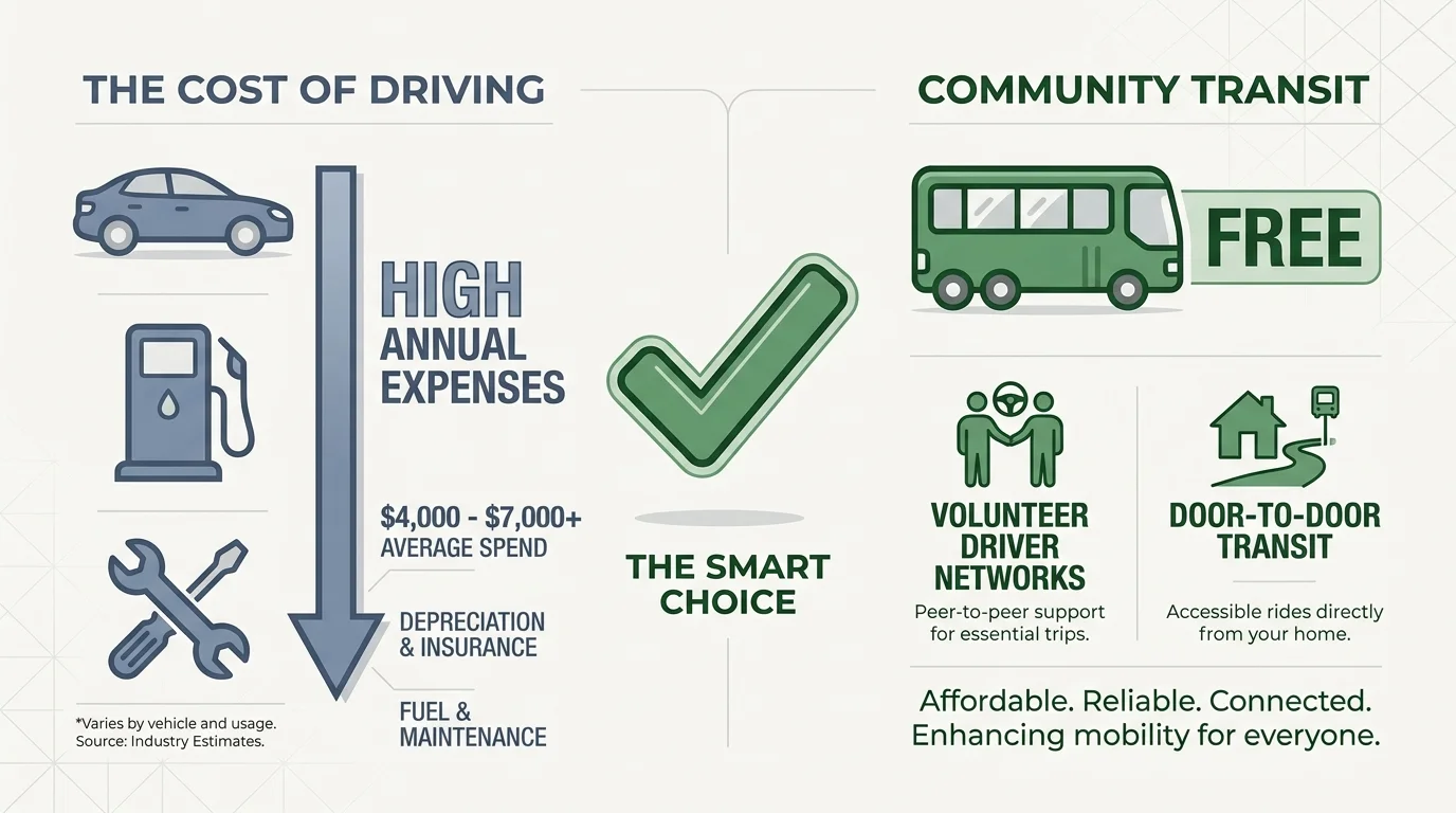 An infographic comparing the high costs of vehicle ownership versus free community transportation services for seniors.