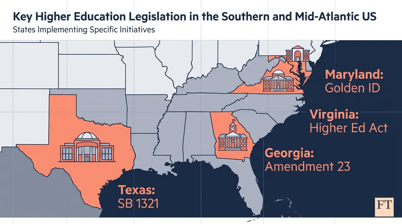 An infographic map highlighting Georgia, Texas, Virginia, and Maryland as states with free tuition programs for seniors.